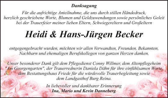 Traueranzeige von Heidi und Hans-Jürgen Becker von Trauerkombi Dessau