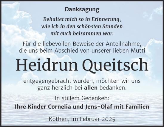 Traueranzeige von Heidrun Queitsch von Trauerkombi Köthen