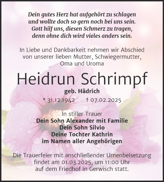 Traueranzeige von Heidrun Schrimpf von Volksstimme Burg/Genthin