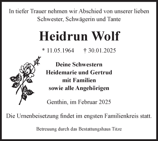 Traueranzeige von Heidrun Wolf von Volksstimme Burg/Genthin
