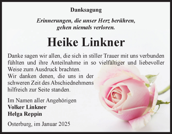 Traueranzeige von Heike Linkner von Volksstimme Altmark Ost