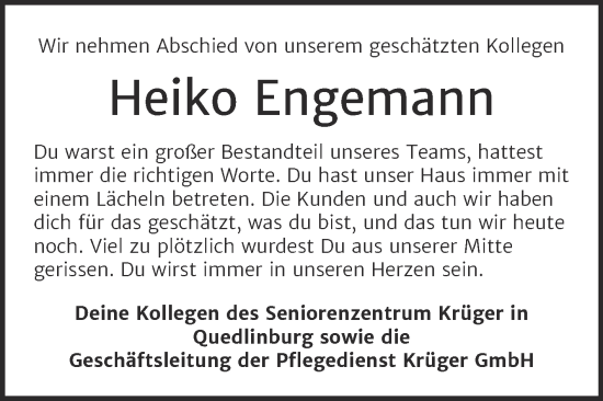 Traueranzeige von Heiko Engemann von Mitteldeutsche Zeitung Quedlingburg