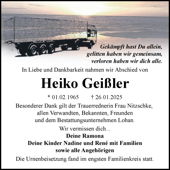 Traueranzeige von Heiko Geißler von Trauerkombi Bitterfeld