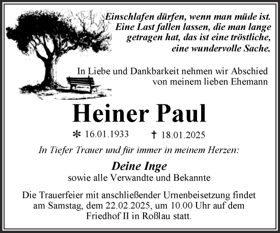 Traueranzeige von Heiner Paul von Trauerkombi Dessau