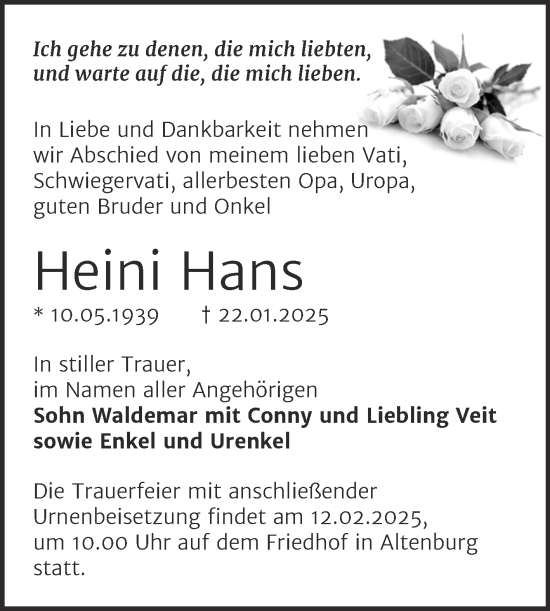 Traueranzeige von Heini Hans von Trauerkombi Bernburg