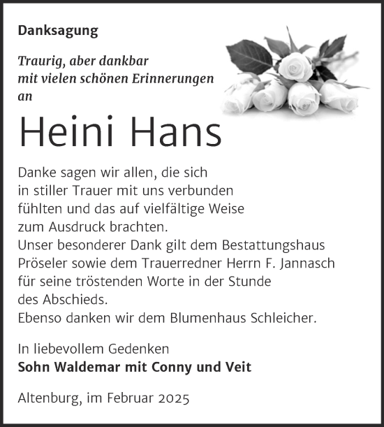 Traueranzeige von Heini Hans von Trauerkombi Bernburg