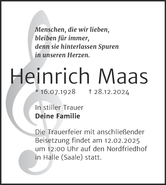 Traueranzeige von Heinrich Maas von Mitteldeutsche Zeitung Halle/Saalkreis