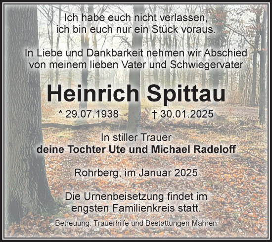 Traueranzeige von Heinrich Spittau von Volksstimme Altmark West