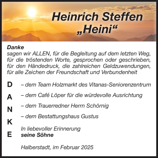 Traueranzeige von Heinrich Steffen von Volksstimme Halberstadt