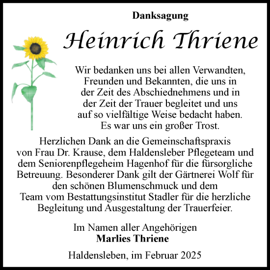 Traueranzeige von Heinrich Thriene von Volksstimme Haldensleben/Wolmirstedt