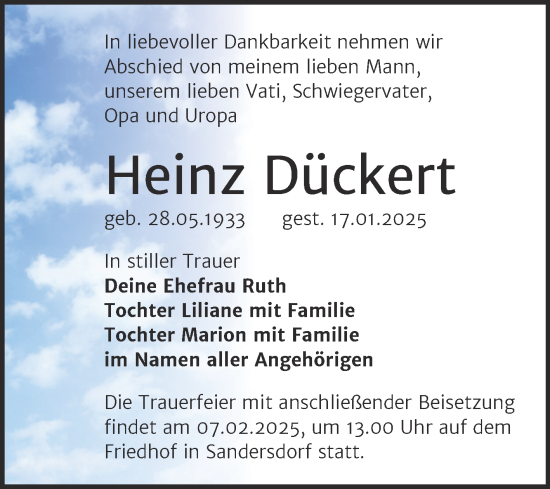 Traueranzeige von Heinz Dückert von Trauerkombi Bitterfeld