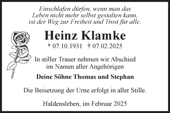 Traueranzeige von Heinz Klamke von Volksstimme Haldensleben/Wolmirstedt