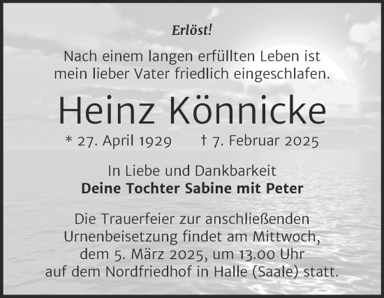 Traueranzeige von Heinz Könnicke von Mitteldeutsche Zeitung Halle/Saalkreis
