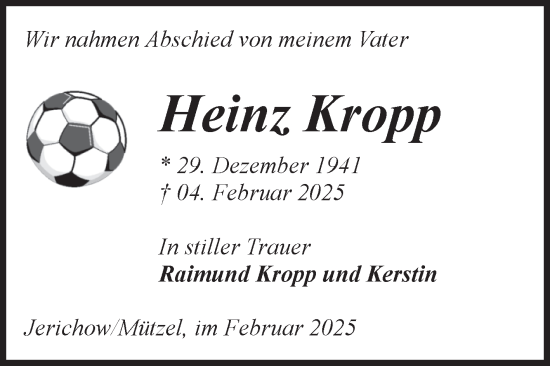 Traueranzeige von Heinz Kropp von Volksstimme Burg/Genthin