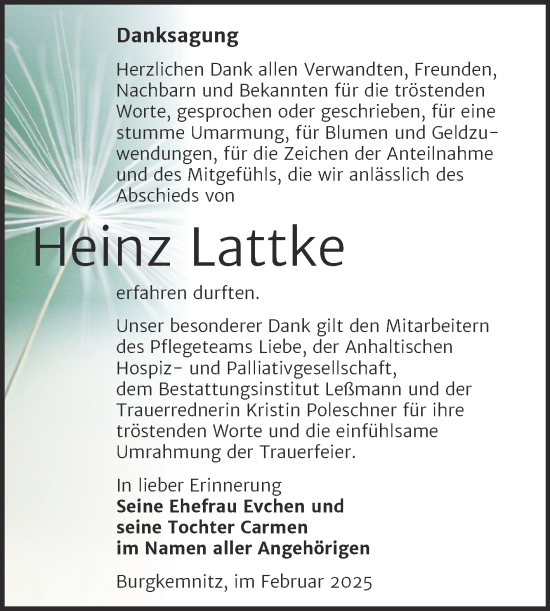 Traueranzeige von Heinz Lattke von Trauerkombi Bitterfeld