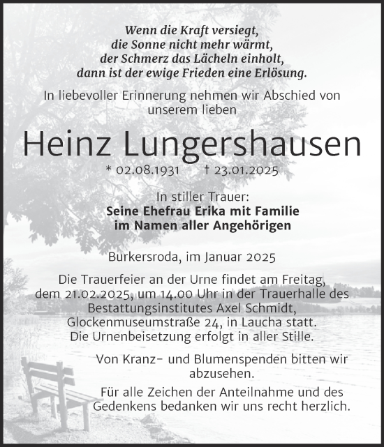 Traueranzeige von Heinz Lungershausen von Naumburger Tageblatt
