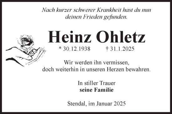 Traueranzeige von Heinz Ohletz von Volksstimme Altmark Ost