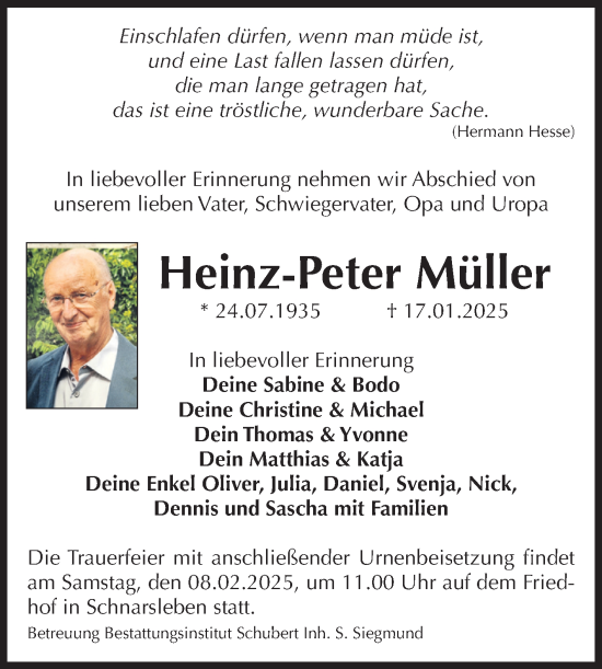 Traueranzeige von Heinz-Peter Müller von Volksstimme Haldensleben/Wolmirstedt