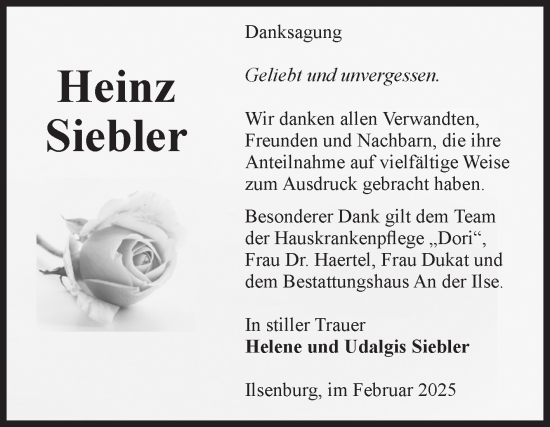 Traueranzeige von Heinz Siebler von Volksstimme Wernigerode