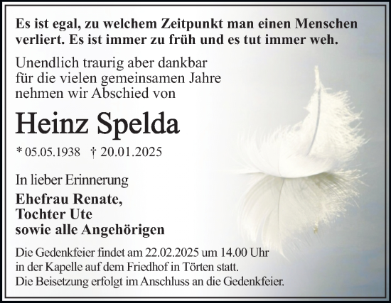 Traueranzeige von Heinz Spelda von Trauerkombi Dessau