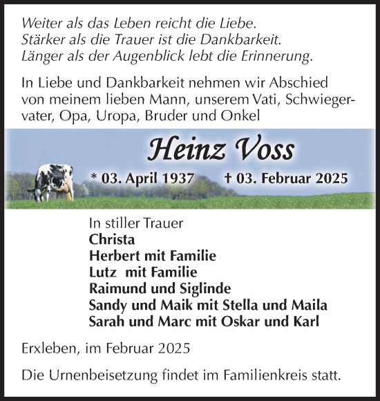 Traueranzeige von Heinz Voss von Volksstimme Haldensleben/Wolmirstedt