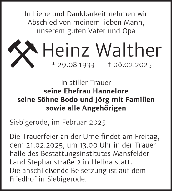 Traueranzeige von Heinz Walther von Trauerkombi Mansfelder Land