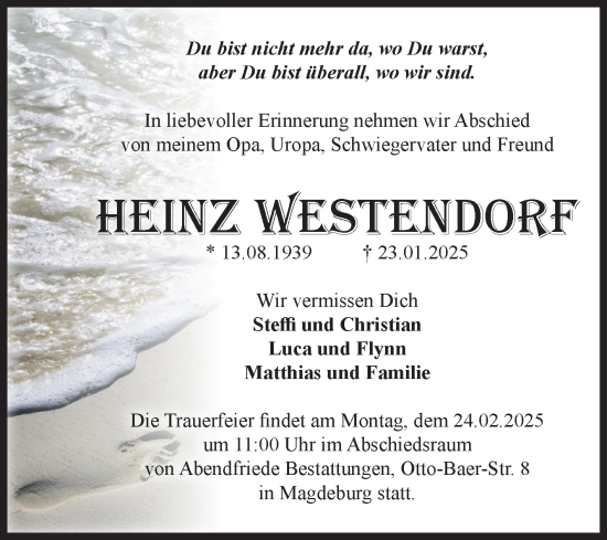Traueranzeige von Heinz Westendorf von Volksstimme Magdeburg