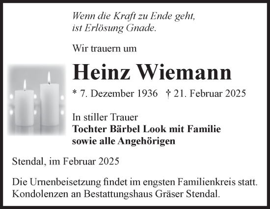 Traueranzeige von Heinz Wiemann von Volksstimme Altmark Ost