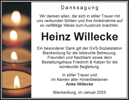 Traueranzeige von Heinz Willecke von Volksstimme Wernigerode