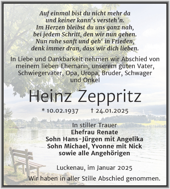 Traueranzeige von Heinz Zeppritz von Trauerkombi Zeitz