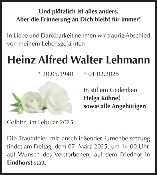 Traueranzeige von Heinz Alfred Walter Lehmann von Volksstimme Haldensleben/Wolmirstedt
