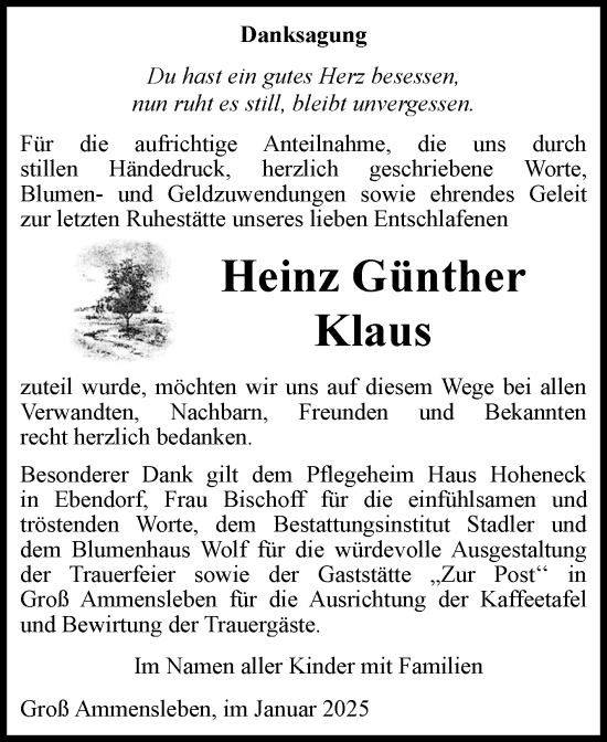Traueranzeige von Heinz Günther Klaus von Volksstimme Haldensleben/Wolmirstedt