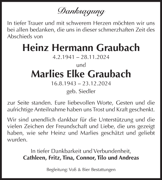 Traueranzeige von Heinz Hermann und Marlies Elke Graubach von Volksstimme Wernigerode