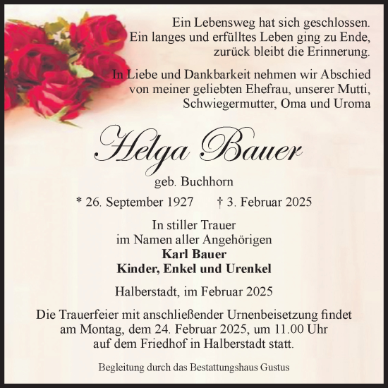 Traueranzeige von Helga Bauer von Volksstimme Halberstadt