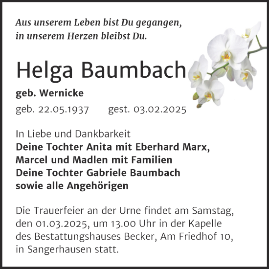 Traueranzeige von Helga Baumbach von Trauerkombi Sangerhausen