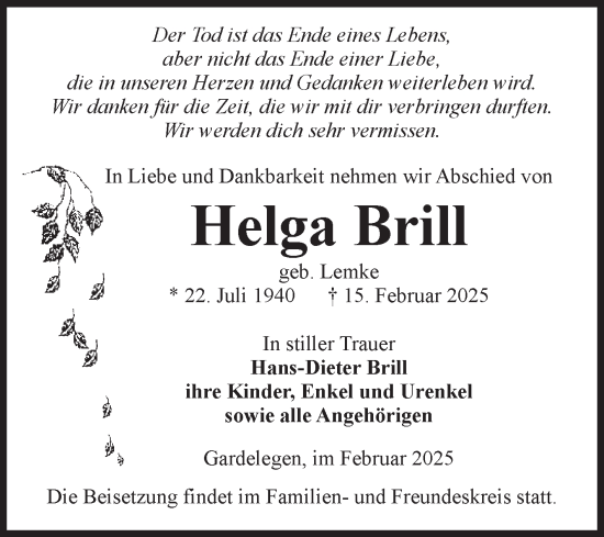 Traueranzeige von Helga Brill von Volksstimme Altmark West
