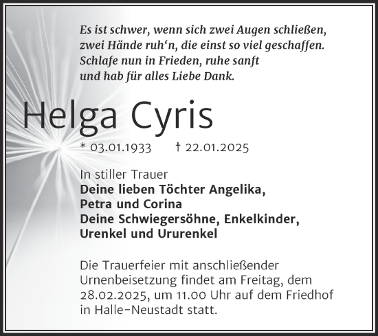 Traueranzeige von Helga Cyris von Mitteldeutsche Zeitung Halle/Saalkreis