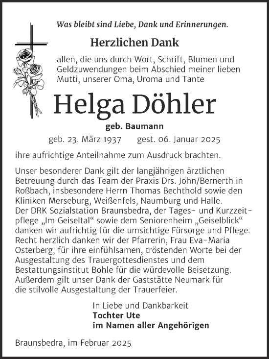 Traueranzeige von Helga Döhler von Trauerkombi Merseburg
