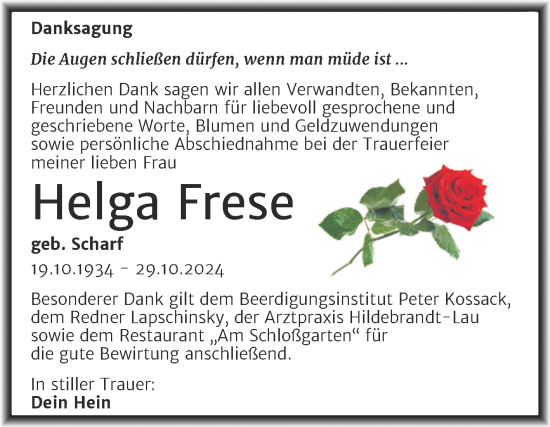 Traueranzeige von Helga Frese von Trauerkombi Dessau