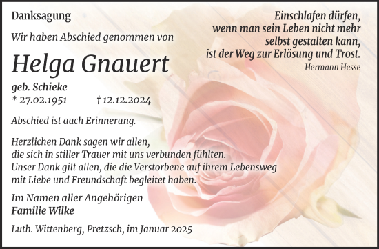 Traueranzeige von Helga Gnauert von Trauerkombi Wittenberg