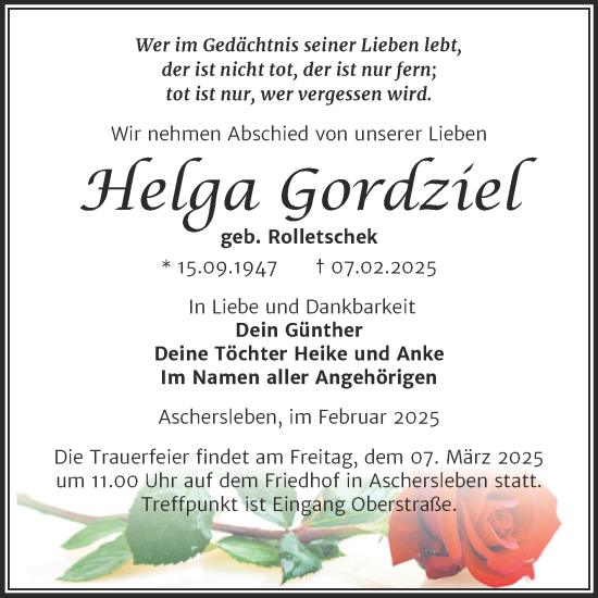 Traueranzeige von Helga Gordziel von Trauerkombi Aschersleben