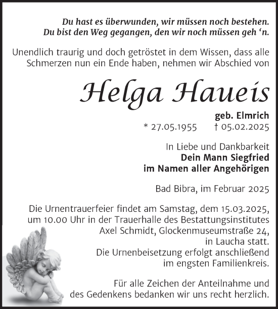 Traueranzeige von Helga Haueis von Super Sonntag Naumburg/Nebra