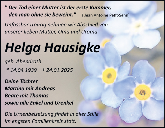 Traueranzeige von Helga Hausigke von Trauerkombi Bitterfeld