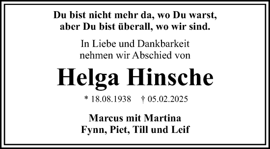 Traueranzeige von Helga Hinsche von Trauerkombi Dessau