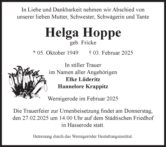 Traueranzeige von Helga Hoppe von Volksstimme Wernigerode