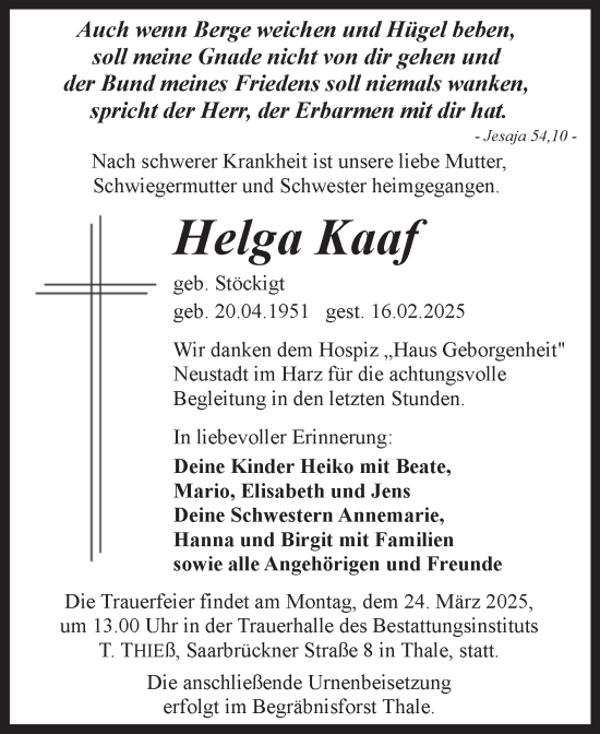 Traueranzeige von Helga Kaaf von Volksstimme Wernigerode