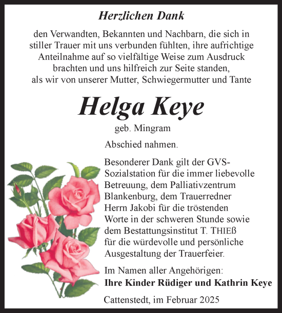 Traueranzeige von Helga Keye von Volksstimme Wernigerode