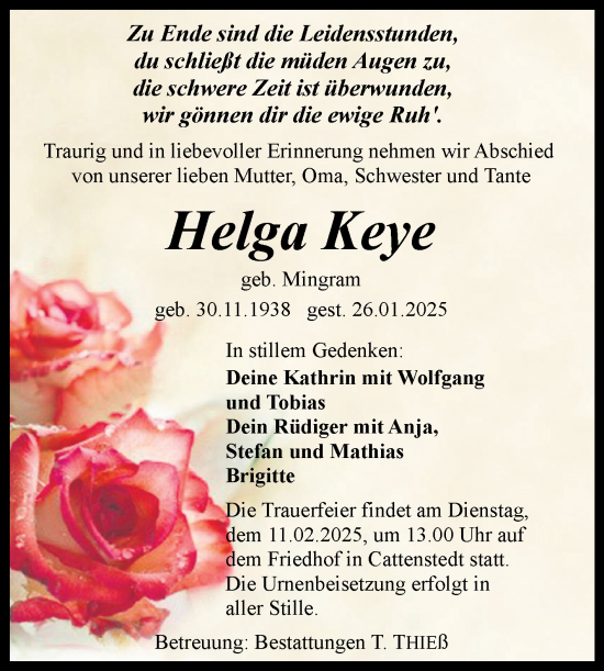 Traueranzeige von Helga Keye von Volksstimme Wernigerode