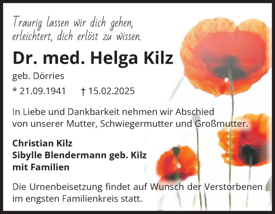 Traueranzeige von Helga Kilz von Volksstimme Magdeburg
