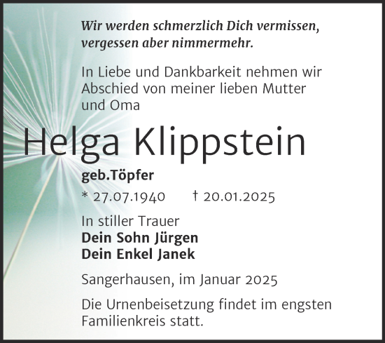 Traueranzeige von Helga Klippstein von Mitteldeutsche Zeitung Sangerhausen